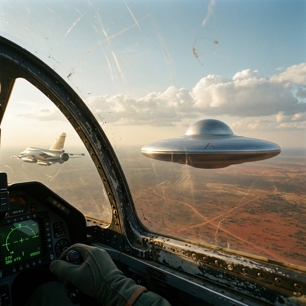 View from inside a military cockpit — a metallic disc holding position ahead of the aircraft over the desert