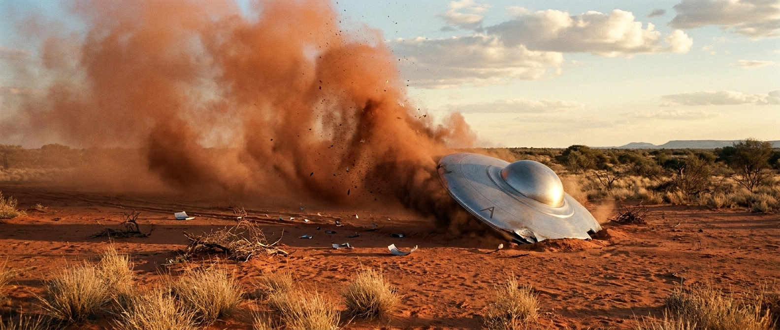 The crashed metallic disc embedded in a crater of fused Kalahari sand