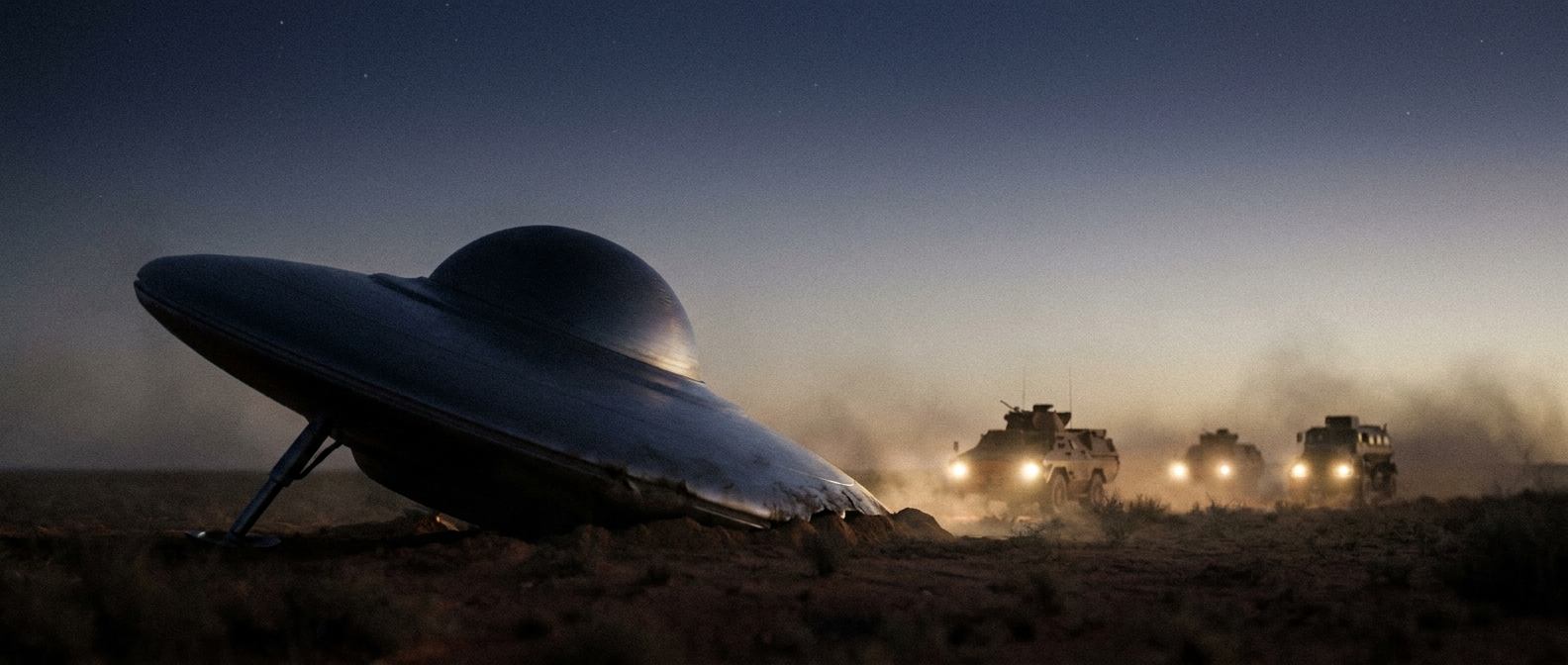The crashed disc at night with a single telescopic landing leg extended, SADF vehicles approaching with headlights