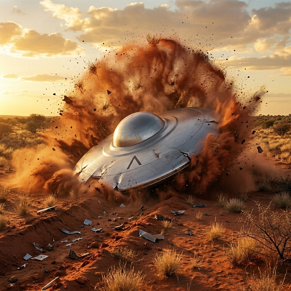 The metallic disc slamming into Kalahari sand — debris erupting on impact