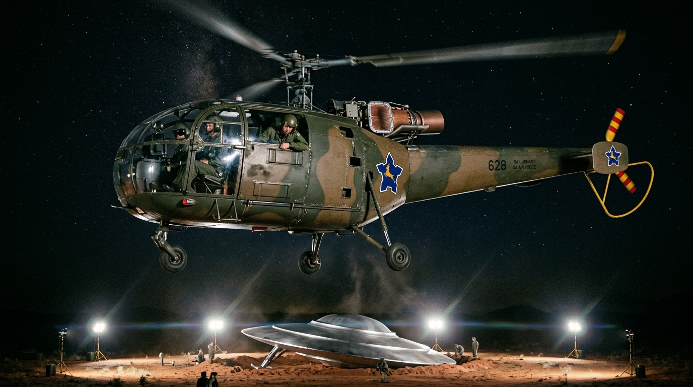 An SAAF Alouette III hovering above the floodlit crash site at night, the disc sitting in a shallow crater ringed by work lights and personnel