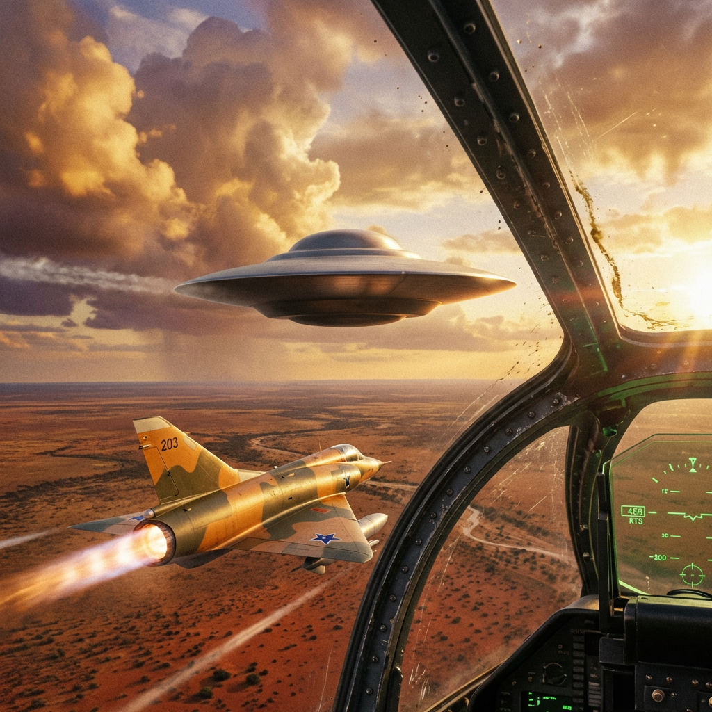 View from a Mirage III cockpit — the wingman climbing toward the silver disc over the Kalahari at golden hour