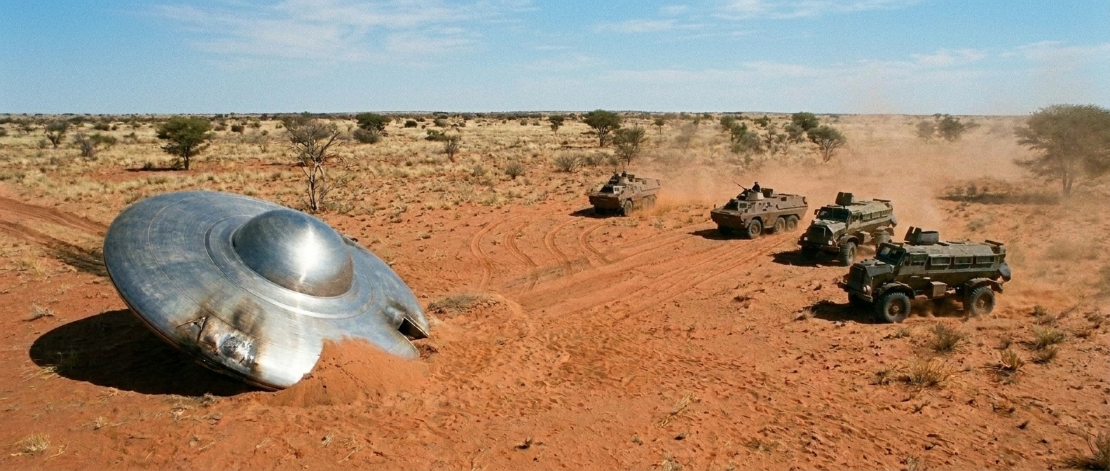 Crashed metallic disc partially embedded in red Kalahari sand with SADF armoured vehicles approaching the site