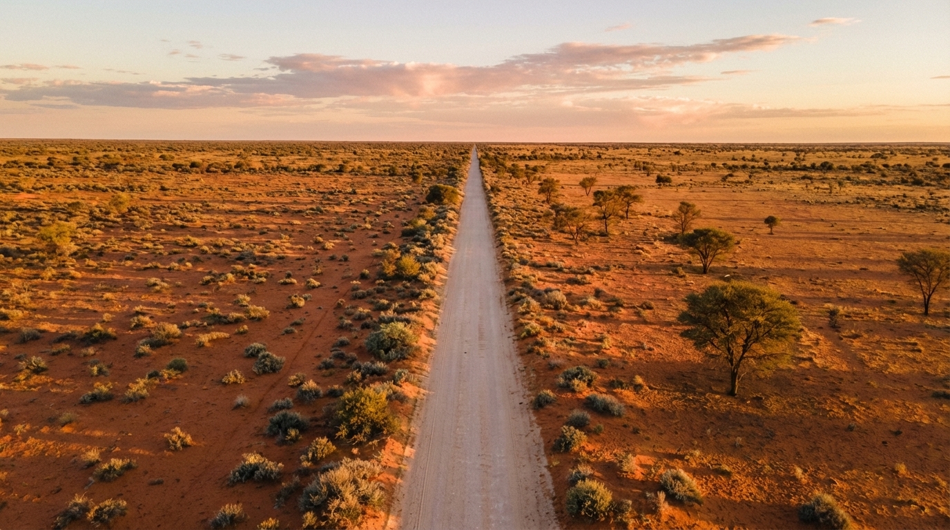 Aerial view of a long straight road through the red Kalahari Desert