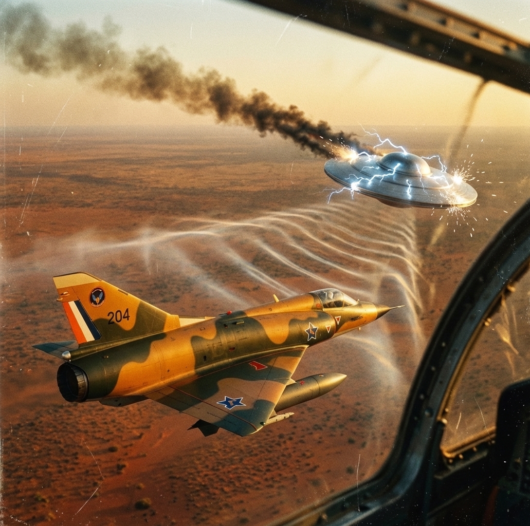 SAAF Mirage III engaging an unidentified disc with a directed energy weapon over the Kalahari