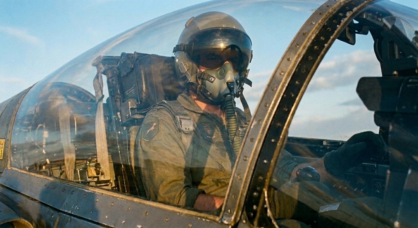 SAAF Mirage III pilot in cockpit with visor reflecting light