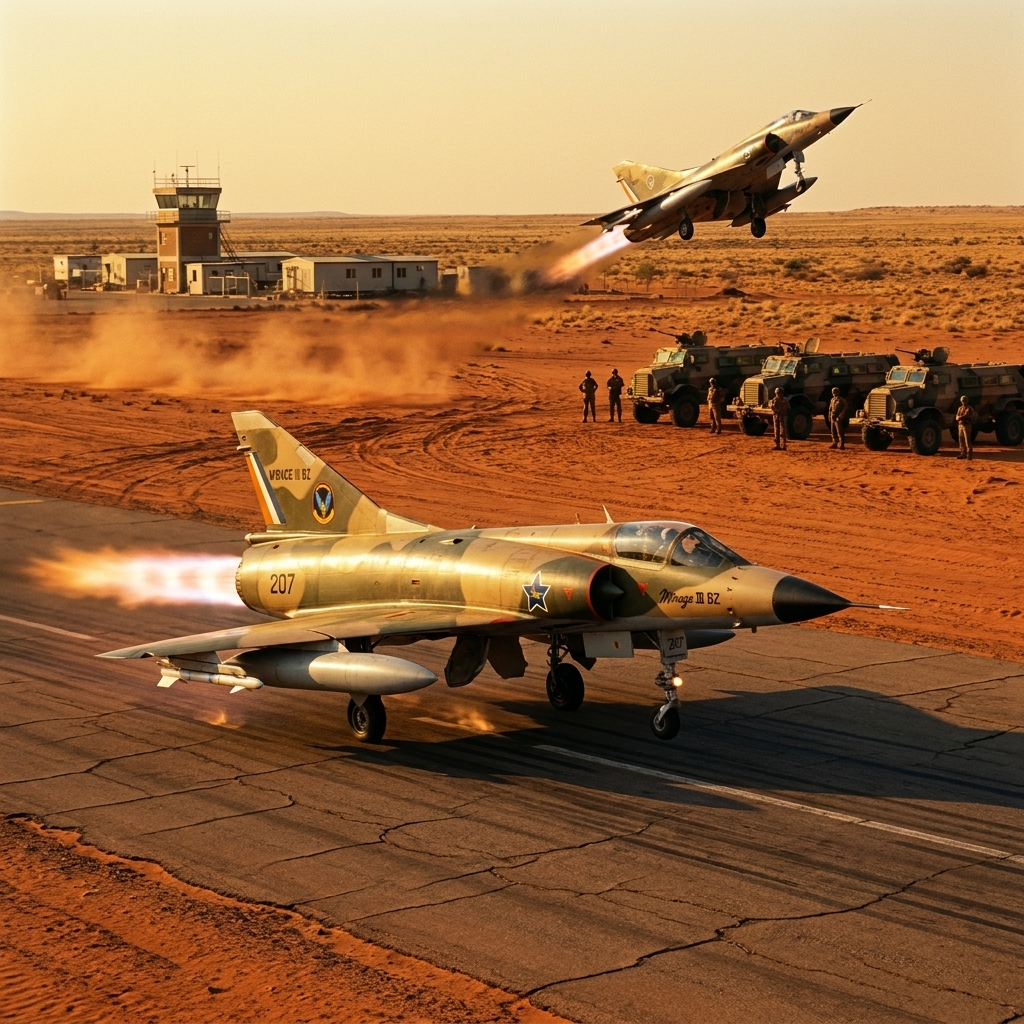 SAAF Mirage III BZ launching from a desert airstrip — control tower and military vehicles in the background, red Kalahari dust rising