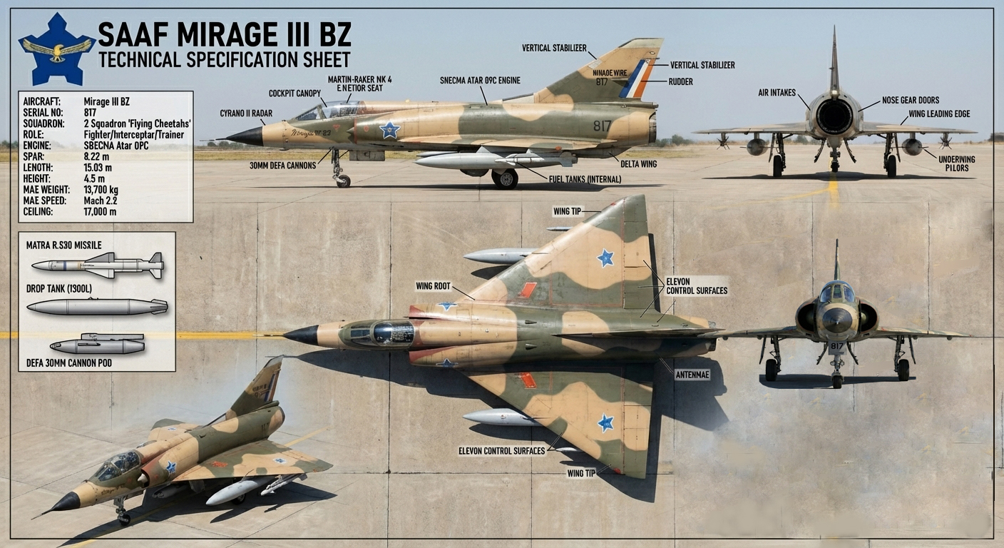SAAF Mirage III BZ Technical Specification Sheet — Serial No. 817, 2 Squadron Flying Cheetahs