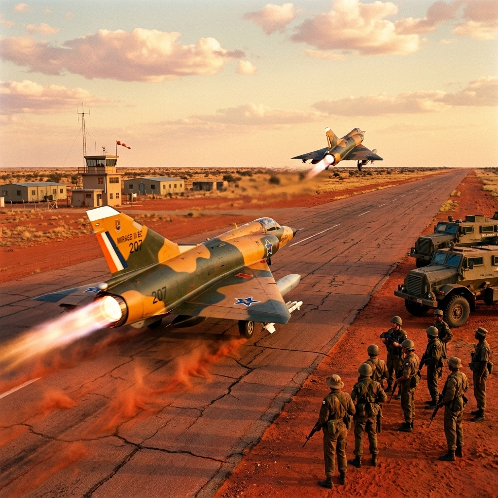 SAAF Mirages scrambling from desert airstrip — ground crew and soldiers watching