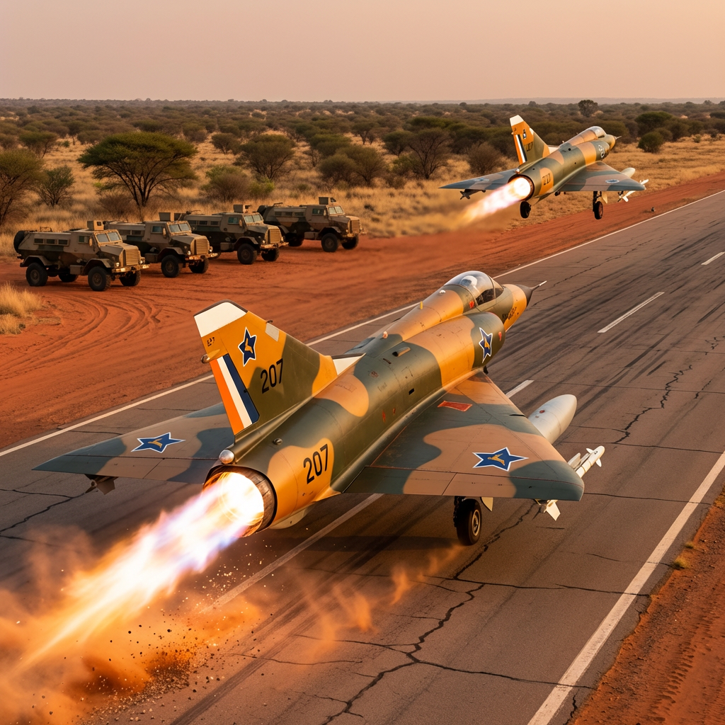 Two SAAF Mirage III fighters launching from a desert runway — soldiers and Casspir armoured vehicles watching from the red sand apron