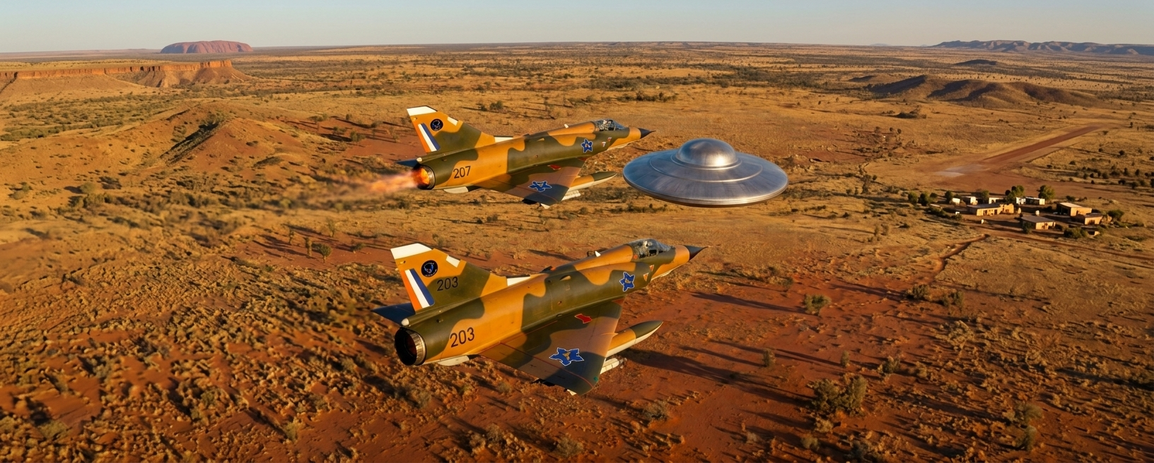 Two SAAF Mirage III fighters closing on the silver disc over the red Kalahari landscape