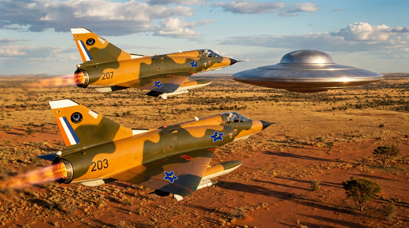 Two SAAF Mirage III fighters flying alongside the silver disc over the Kalahari