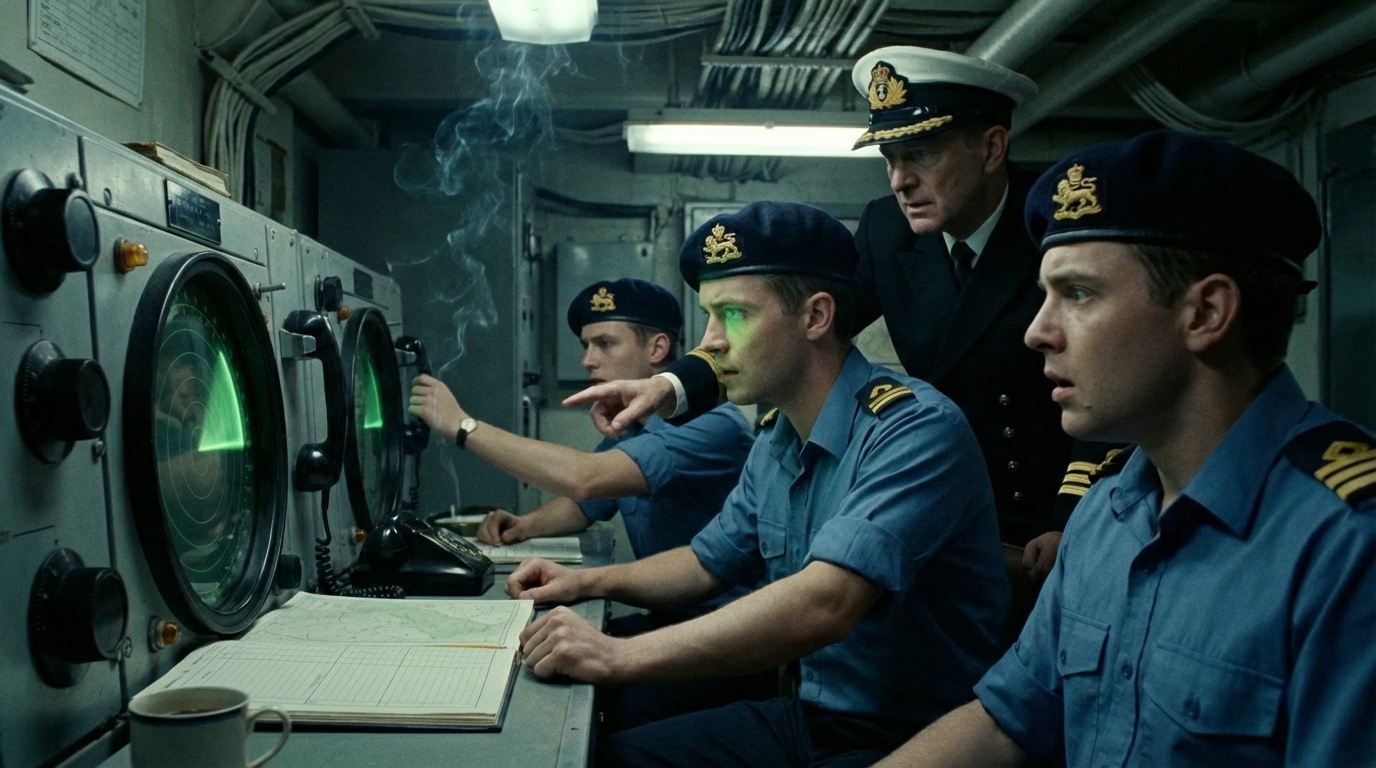 Naval officers aboard the SAS Tafelberg studying radar returns