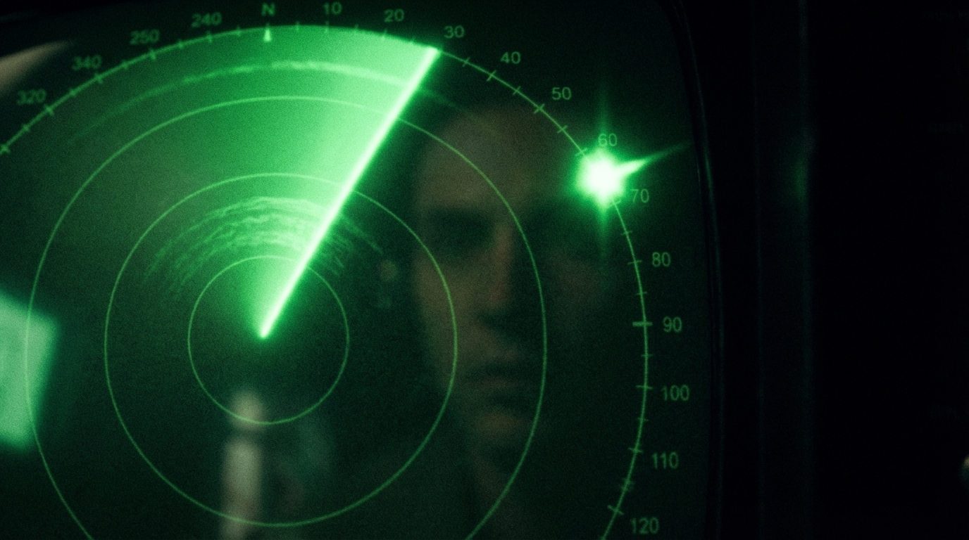 Close-up of radar scope showing a bright contact return