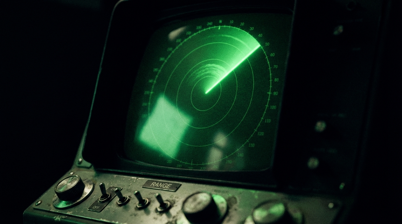 Radar scope glowing green in a darkened operations room