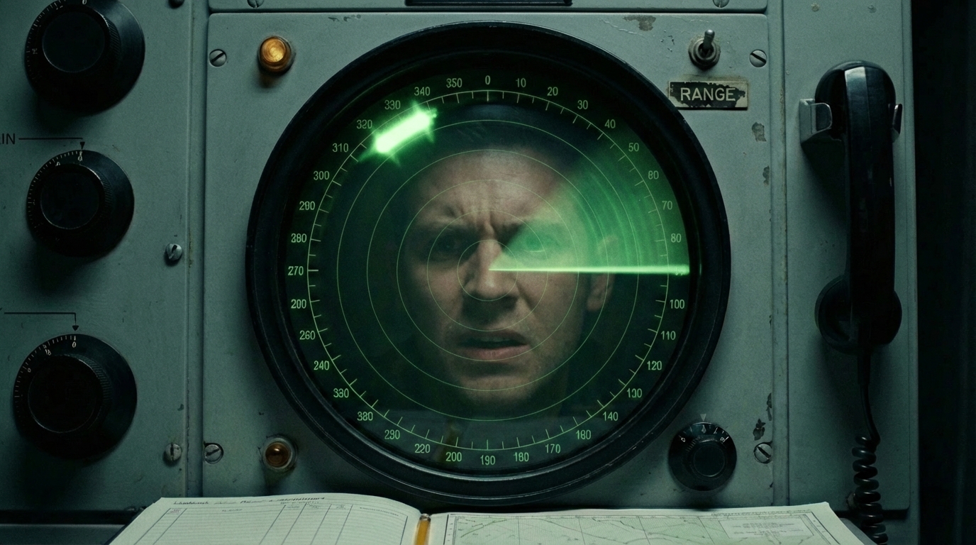 A face reflected in the green glow of a radar scope