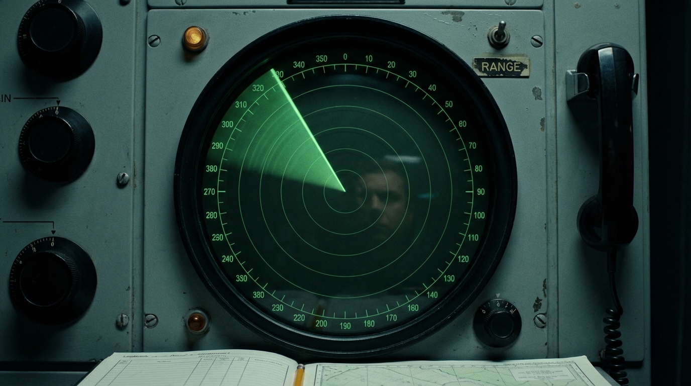 Radar scope display with sweeping green beam