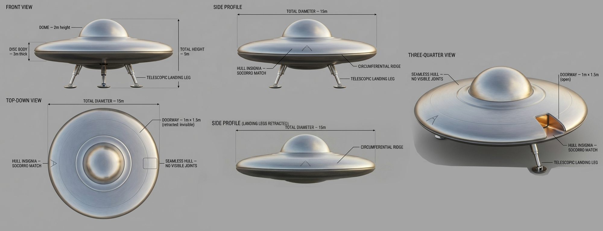 Technical multi-view diagram of the recovered disc showing front, side, top-down, and three-quarter profiles with measurements